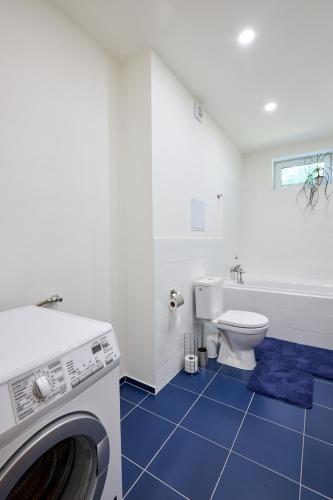 a bathroom with a washing machine and a toilet at Penzion Kozí Horka u Brněnské přehrady in Brno