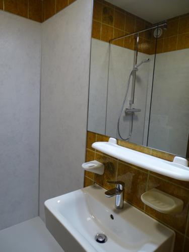 a bathroom with a sink and a shower at Appartementhaus Hochkönig 1 - Wasserfall in Mühlbach am Hochkönig