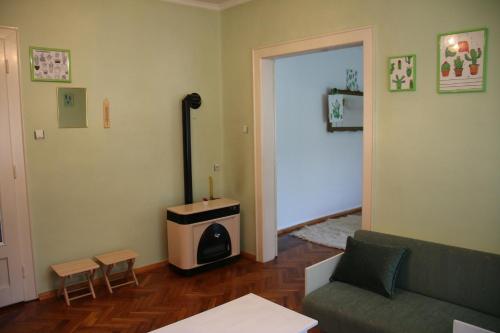 a living room with a couch and a stove at Green Cactus Rooms - unique and cozy house in Senta