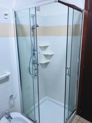 a bathroom with a shower and a toilet and a sink at Hotel Belvedere Tonara in Tonara