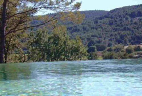 une grande masse d'eau avec des arbres à l'arrière-plan dans l'établissement Villa Melocoton, à Figanières