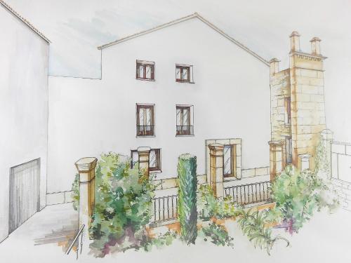 a drawing of a house with plants in front of it at Apartamentos Tres Llaves Palacio de Vela de los Cobos in Úbeda