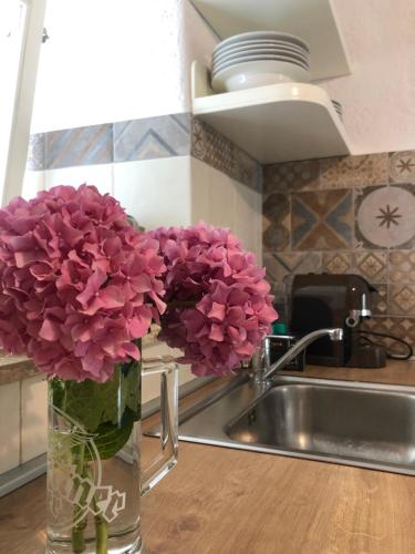 a vase filled with pink flowers sitting on a kitchen counter at Apartment Susanj in Mošćenice