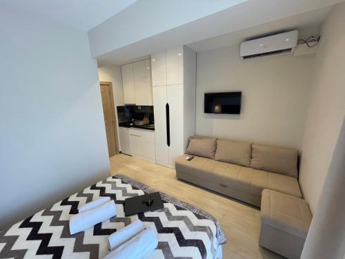 een kleine woonkamer met een bank en een tv bij Meudsa Grand Agia Triada in Agia Triada