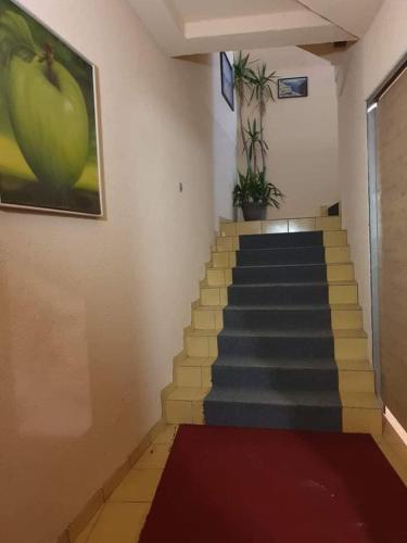 a staircase with a painting of an apple on the wall at SOBE ROYAL 2 Šabac in Šabac