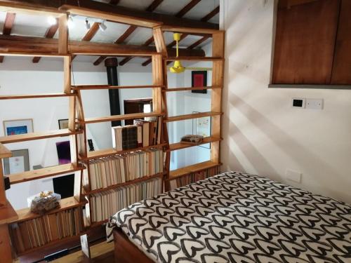 een slaapkamer met een bed en een boekenplank bij Casa Gianfranco Millepapaverirossi in Cese