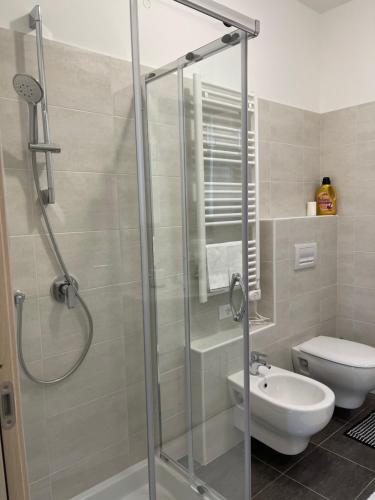 W łazience znajduje się prysznic, toaleta i umywalka. w obiekcie Appartamento Corallo w Sirmione