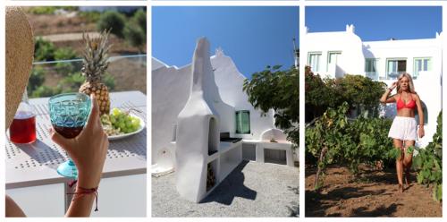 three pictures of a woman with a glass of wine at Vino suites in Agia Anna Naxos