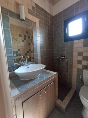 a bathroom with a sink and a toilet and a television at Olgas Villa in Aroyí