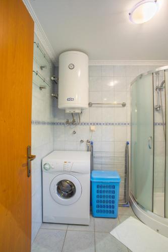 a small bathroom with a washing machine and a shower at Knežević Apartment in Žabljak