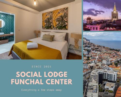 a hotel room with a bed and a picture of a city at SOCIAL LODGE - Centro do Funchal in Funchal