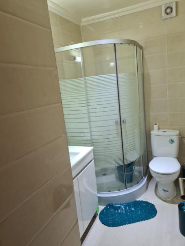 a bathroom with a glass shower and a toilet at ASILAH MARINA GOLF in Asilah