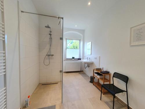 a bathroom with a shower with a glass door at Altstadt-Ferienwohnungen Braunschweig in Braunschweig