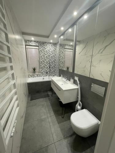 uma casa de banho com um WC, um lavatório e um espelho. em Solanki Apartament Solankowa Aleja Loft em Inowrocław