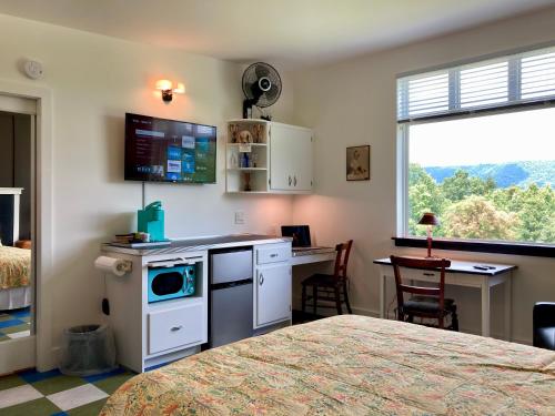 Schlafzimmer mit einem Bett und einem Schreibtisch mit einer Mikrowelle in der Unterkunft Eden's Echoes Country Retreat in Blacksburg