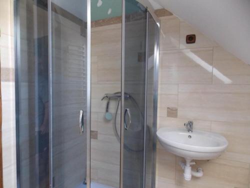 uma casa de banho com um chuveiro e um lavatório. em Apartament na Zaciszu em Polańczyk