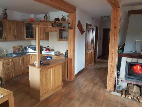 uma cozinha com armários de madeira e uma lareira em Apartament na Zaciszu em Polańczyk