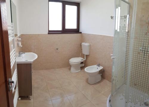 a bathroom with a toilet and a sink and a shower at Casa Aurora in Beclean