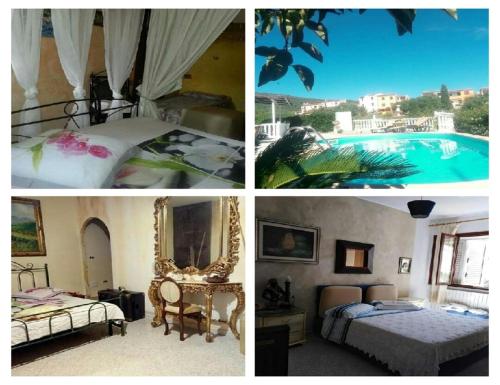 a collage of four pictures of a bedroom and a pool at La finestra sul mare in Budoni