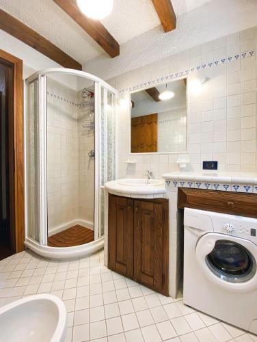 a bathroom with a shower sink and a washing machine at Betulla House - AffittiPontediLegno in Ponte di Legno