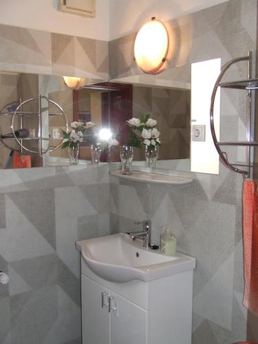 a bathroom with a sink and a mirror at Welcome Apartman in Hajdúszoboszló