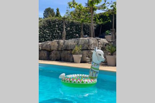 a toy horse in the water in a swimming pool at Château de Charme in Vallon-Pont-dʼArc