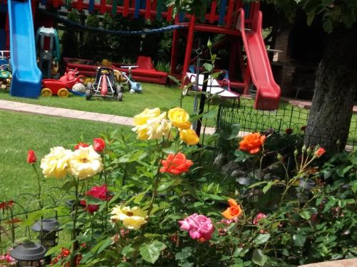 a garden with flowers in front of a playground at Vila Deni in Bran