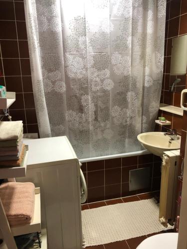 トゥズラにあるApartment Kleoのシャワーカーテンと洗面台付きのバスルーム