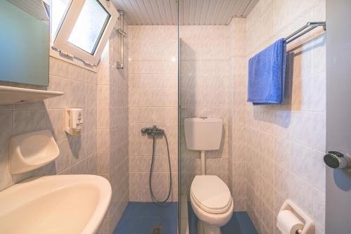 a bathroom with a shower and a toilet and a sink at Rainbow Apartments in Stalida