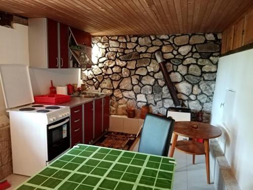 a kitchen with a stove and a stone wall at Vikendica Ovčar Banja in Čačak