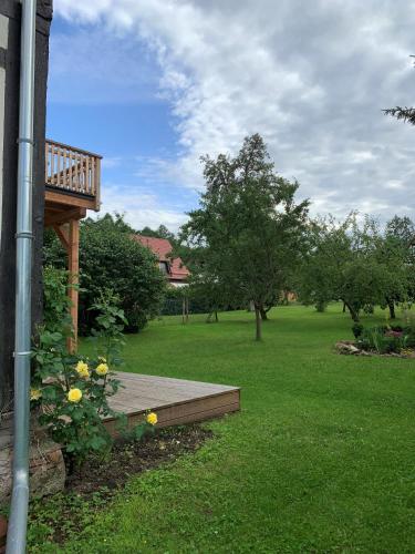a wooden boardwalk in a grassy yard with trees at Forsthaus in Waldhessen in Bauhaus