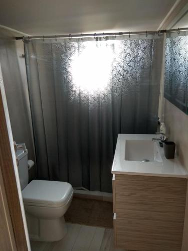 a bathroom with a toilet and a sink and a shower at Malamatenia 's Maisonette in Mokhós