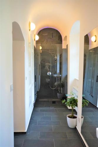 a bathroom with two sinks and a shower at Baroque chaplain house Kaplanka 1796 A. D. - historical luxury apts in Bohemian Paradise in Železný Brod