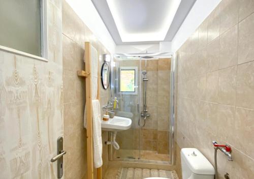 een badkamer met een douche, een wastafel en een toilet bij Summer Feel suites in Poros