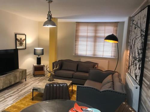 a living room with a couch and a tv at Central Apartment - Moderna in Blairgowrie