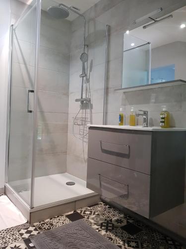 une salle de bain avec douche et lavabo dans l'établissement Sous les Remparts, à Solignac