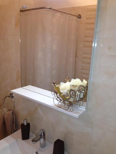 specchio da bagno con cesto di asciugamani su un lavandino di Apartman Slavko a Pridraga