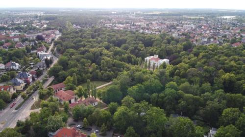 une vue aérienne sur une ville avec des arbres et des maisons dans l'établissement Zwischen Bauhaus und Park Georgium, à Dessau