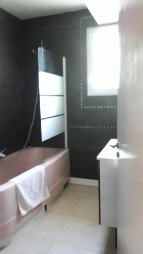 uma casa de banho com uma banheira, uma janela e um lavatório. em Condrieu appartement 1er em Condrieu