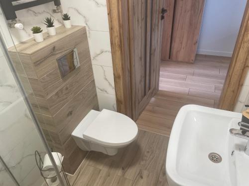 a bathroom with a white toilet and a sink at Urocze Apartamenty LOFT przy Molo in Chłopy