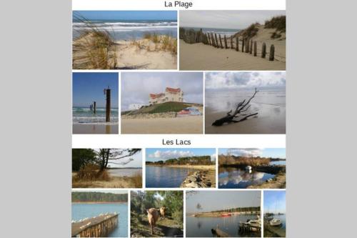 a collage of photos of a beach and sights at Jolie Villa neuve, au calme, proche forêt / Bisca in Biscarrosse