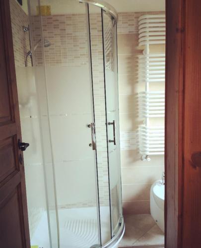 a glass shower in a bathroom with a toilet at Casale del Sole in Cepagatti