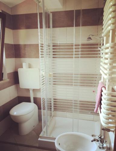 a bathroom with a shower and a toilet and a sink at Casale del Sole in Cepagatti