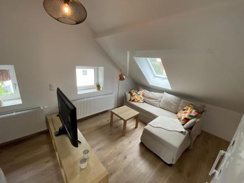ein Wohnzimmer mit einem Sofa und einem TV in der Unterkunft Helle 2 Zi. Wohnung nähe Flughafen München in Haimhausen