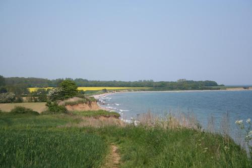 a dirt road leading to a beach next to the water at Ostsee Ferienhäuser in Waabs