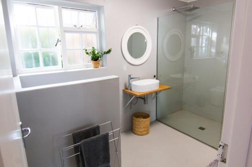 a bathroom with a sink and a shower and a mirror at Spacious and light Kalk Bay Garden Apartment in Kalk Bay
