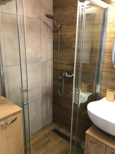 ein Bad mit einer Dusche und einem Waschbecken in der Unterkunft Apartman Srebrna pahulja in Kopaonik
