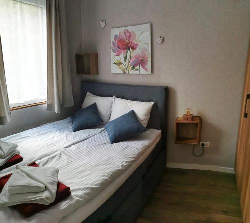 ein Schlafzimmer mit einem großen Bett mit blauen Kissen in der Unterkunft Apartman Srebrna pahulja in Kopaonik