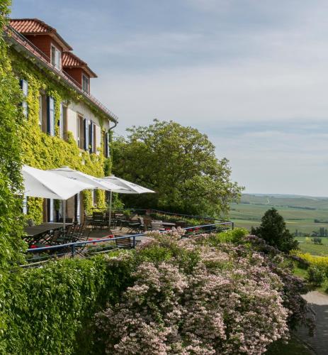 a building with tables and umbrellas and flowers in front of it at Hofgut Wißberg - Das Weinberghotel in Sankt Johann