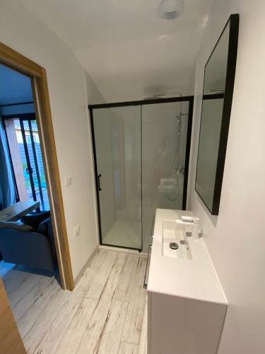 une salle de bain avec un lavabo et une douche en verre dans l'établissement L'annexe, au Teich